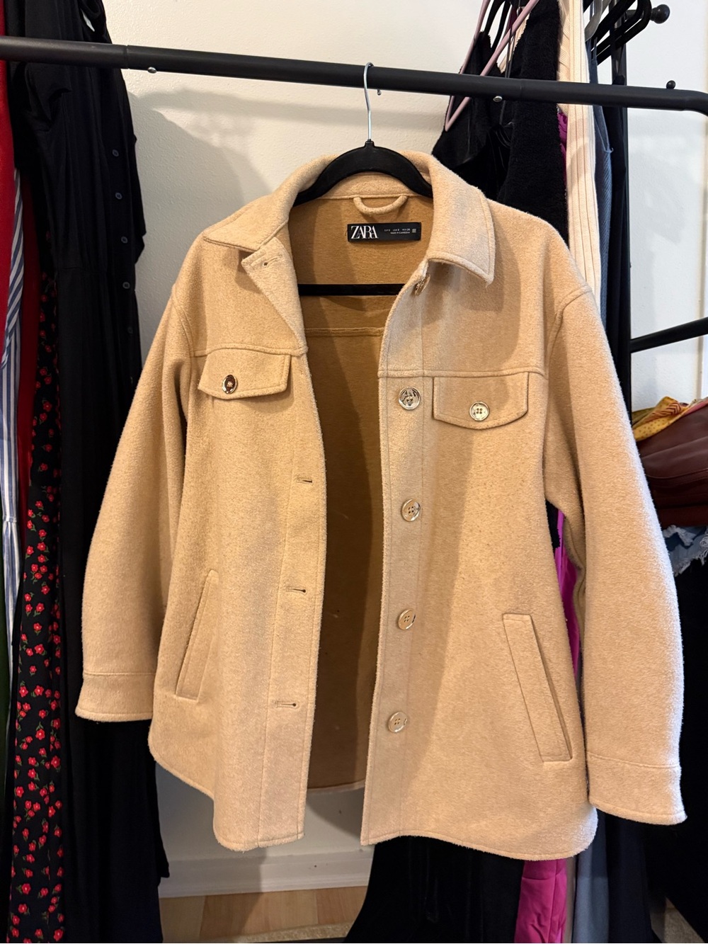 Zara Beige Camel Wool-Blend Pea Coat